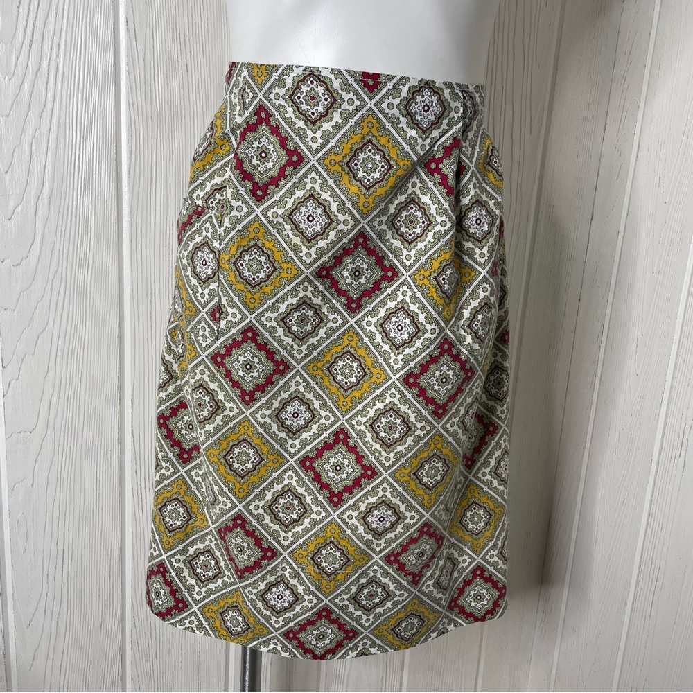 Vintage MCM Half Apron Diamond Pattern Green Red Gold With Pocket Cotton Retro